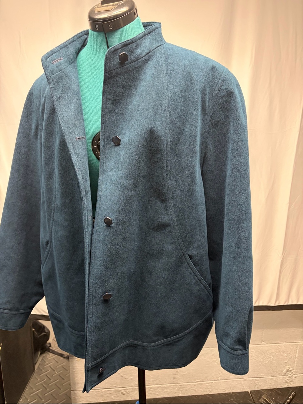 Womens Teal Blue Stand Collar Button-Front Jacket